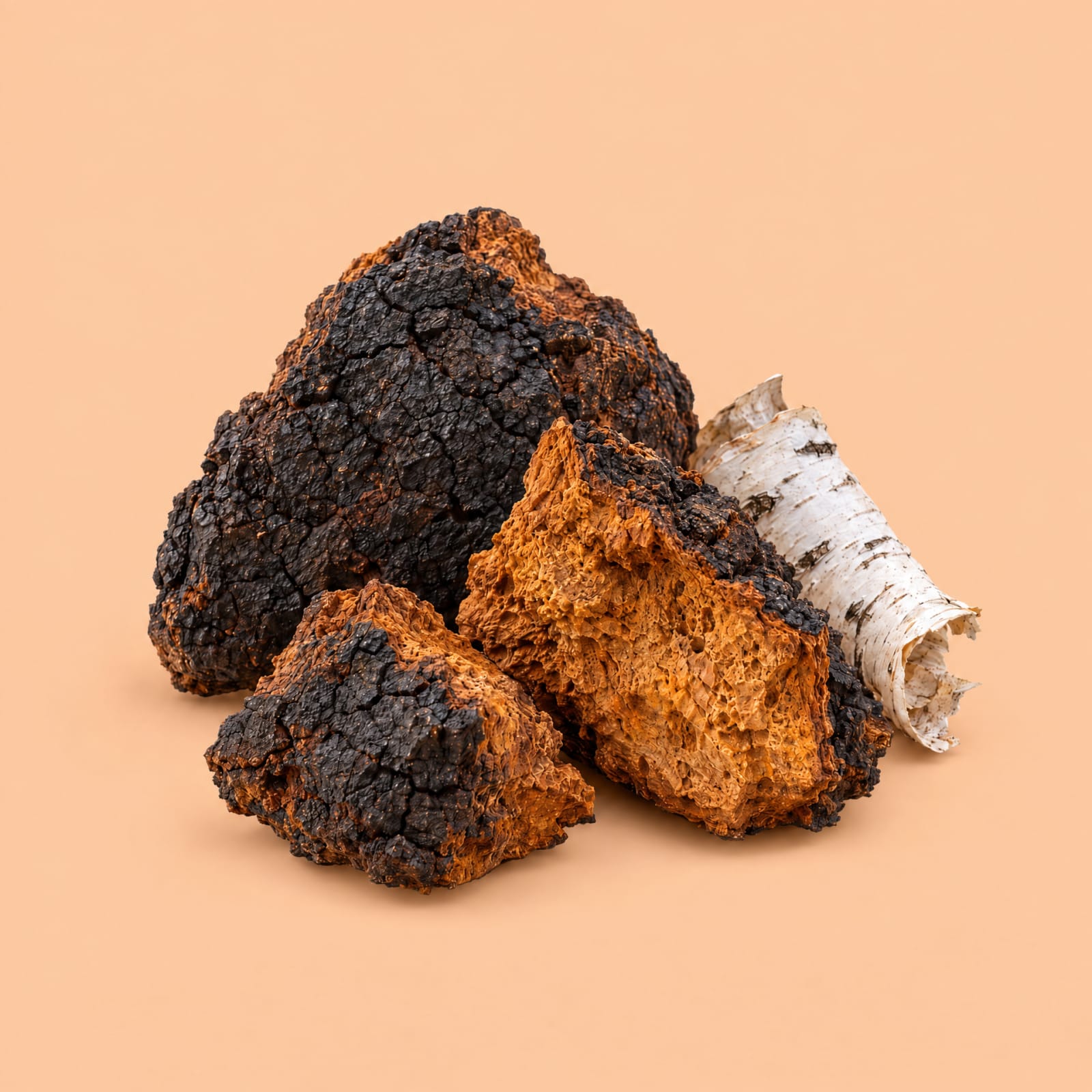 Chaga chunks with birch bark, full-bleed on a peach tile