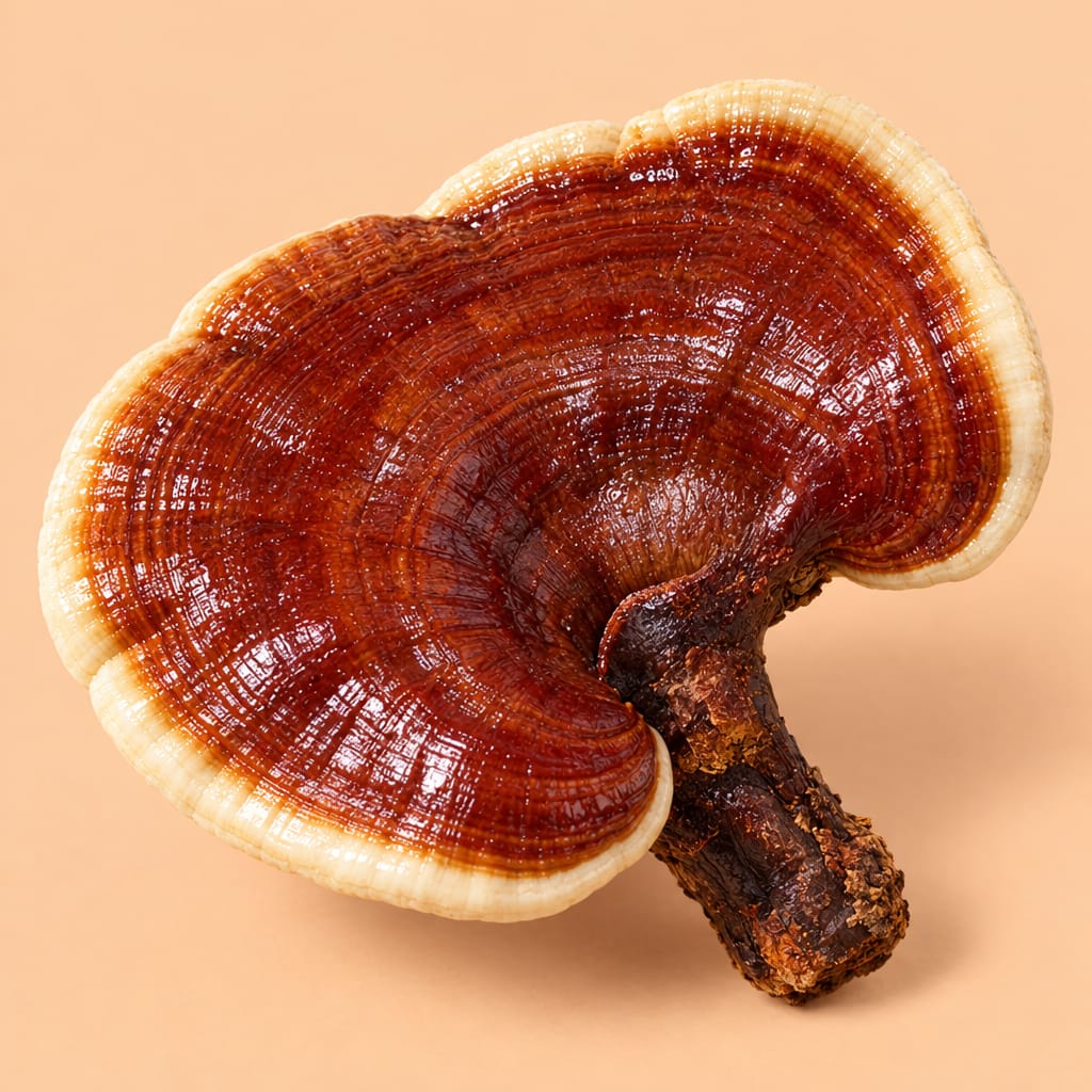 Cut-out of a real Reishi mushroom, glossy red-brown kidney-shaped caps on a short stem, centred on a soft peach circle