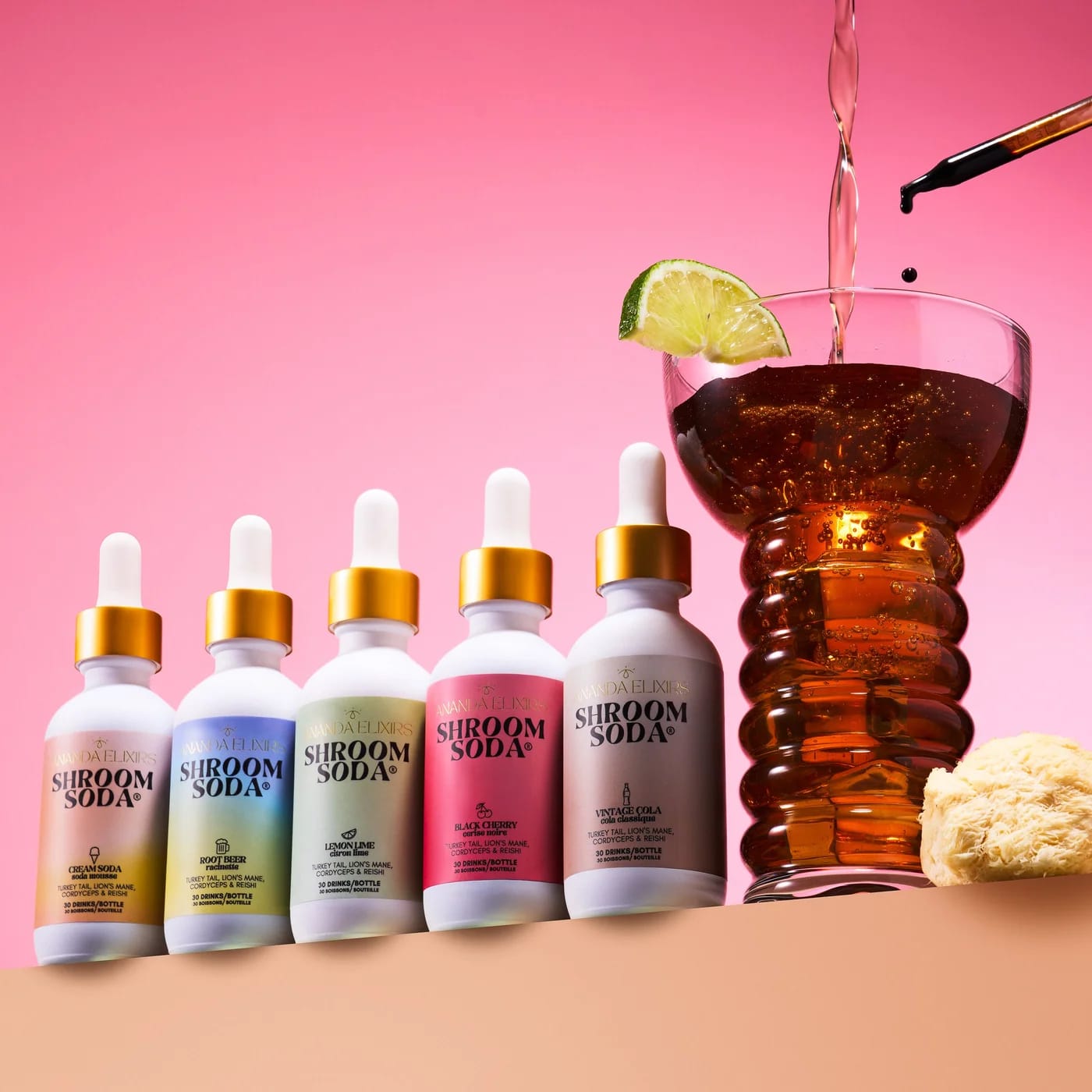 Shroom Soda bottles with sparkling drinks